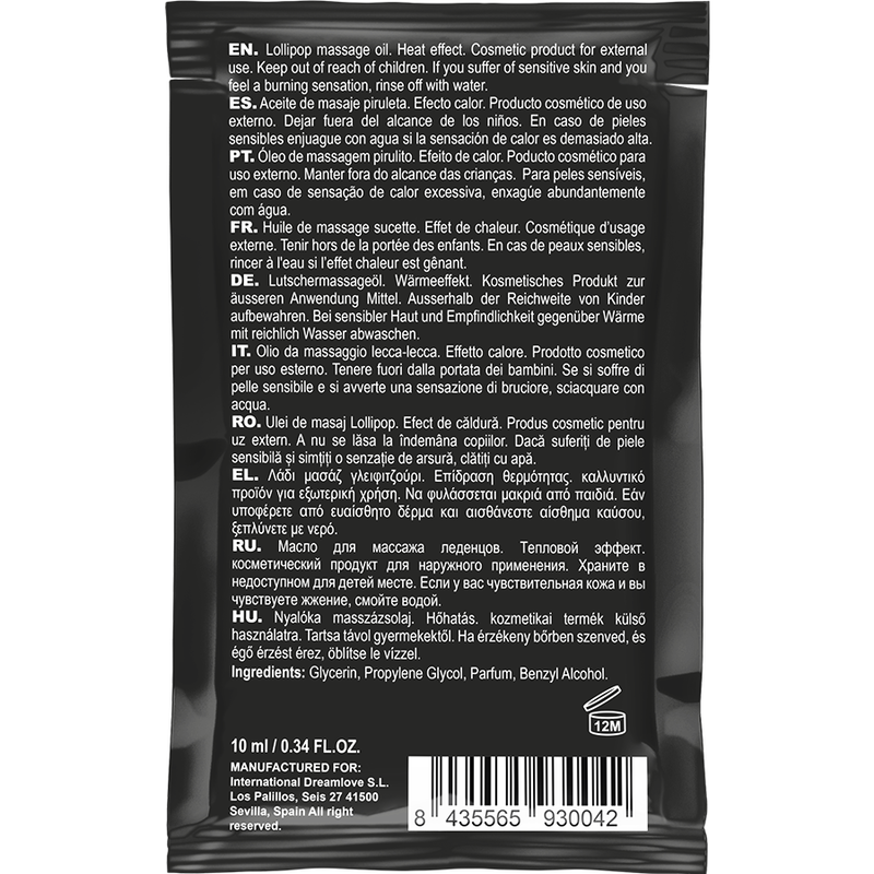 ÓLEO DE MASSAGEM BEIJÁVEL DE BOLSO COM EFEITO DE CALOR PIRULITO 10 ML