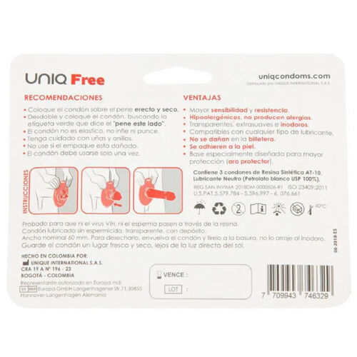 PRESERVATIVOS SEM LÁTEX UNIQ COM ANEL PROTETOR 3 UNIDADES