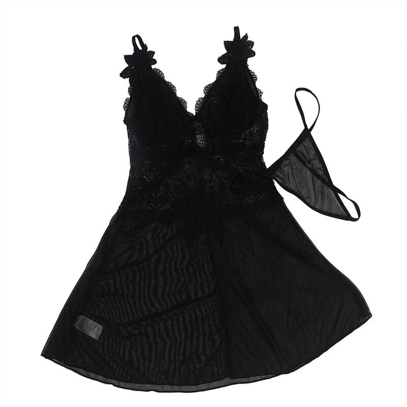 BABYDOLL TECIDO DE TULE COM RENDA E DETALHE FLOR PRETO