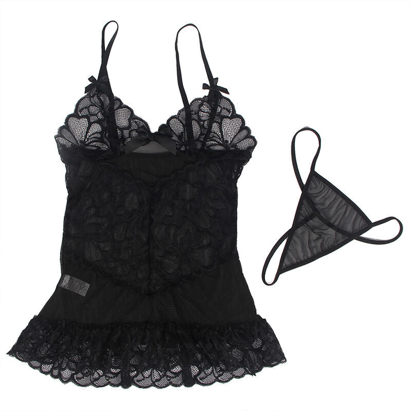 BABYDOLL COM ALÇAS AJUSTÁVEIS E RENDA TRANSPARENTE ESTAMPADO FLORAL PRETO