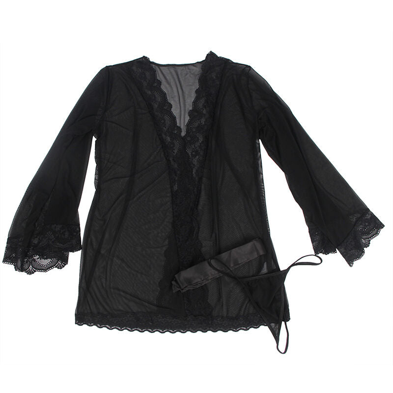 ROBE DE TECIDO TRANSPARENTE COM DETALHE DE RENDA PRETO