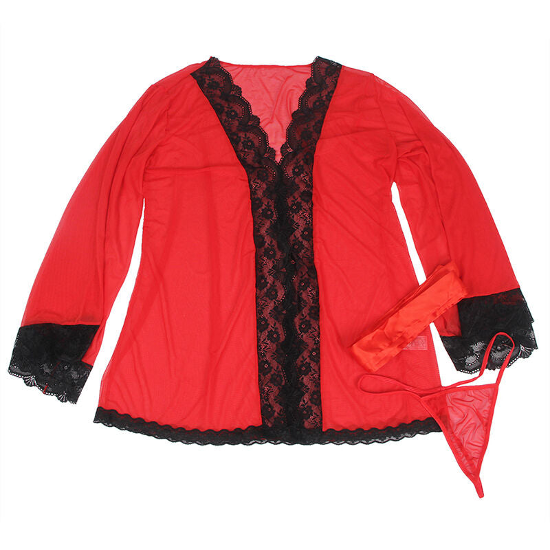 ROBE EM TECIDO TRANSPARENTE COM DETALHE DE RENDA VERMELHO