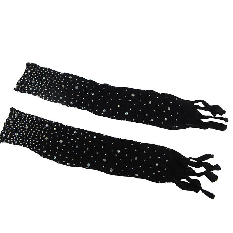 BODYSTOCKING DE REDE COM LUVAS E DIAMANTES PRETO TAMANHO ÚNICO