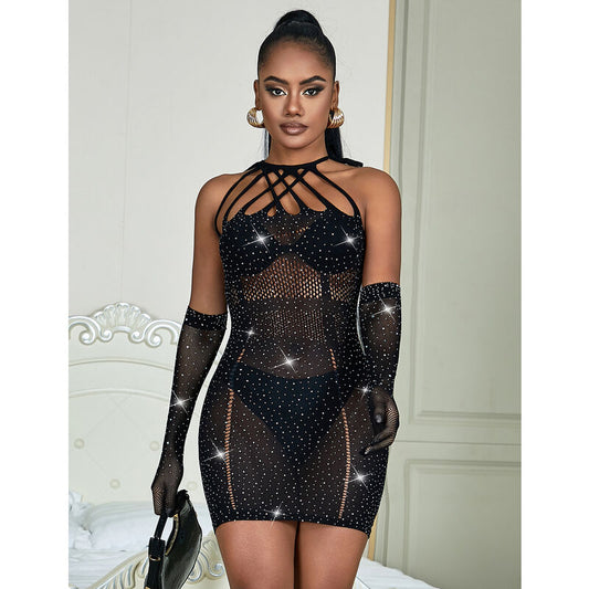 VESTIDO DE REDE COM STRAS PRETO TAMANHO ÚNICO