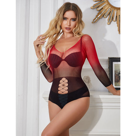 VESTIDO DE REDE ELSTICA DE MANGA LONGA COM DEGRADÊ VERMELHO E PRETO TAMANHO ÚNICO