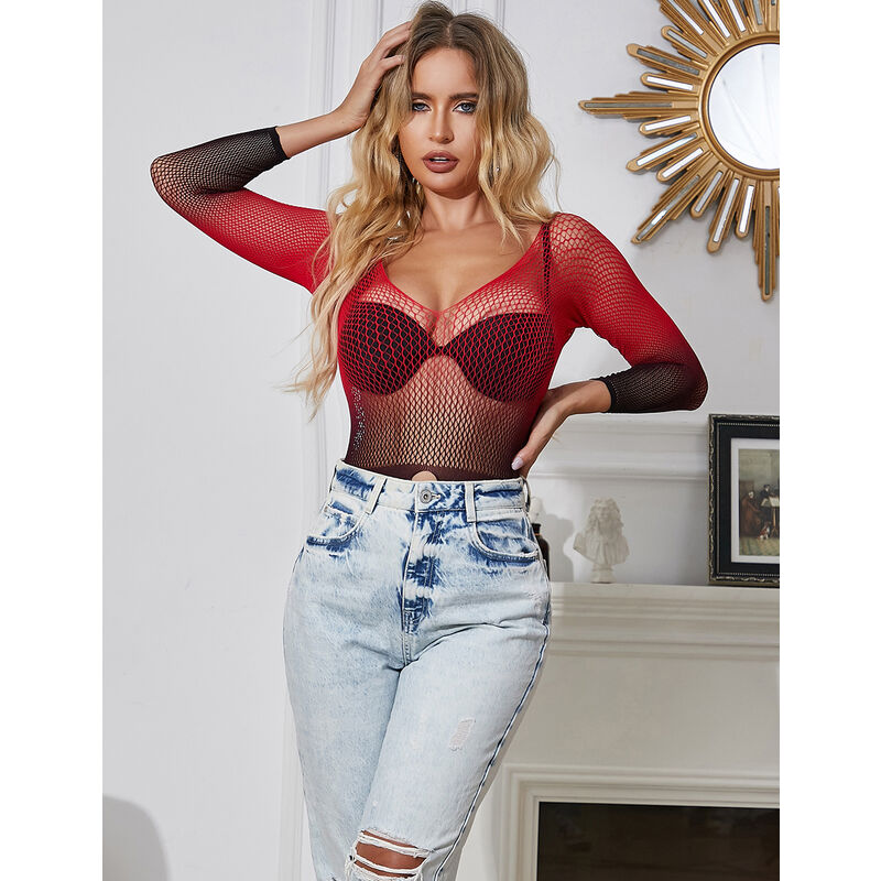 VESTIDO DE REDE ELSTICA DE MANGA LONGA COM DEGRADÊ VERMELHO E PRETO TAMANHO ÚNICO