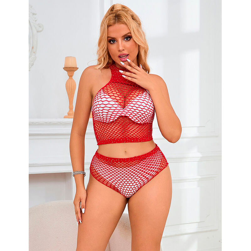 BODYSTOCKING FISHNET SET COM DIAMANTES ROSA TAMANHO ÚNICO