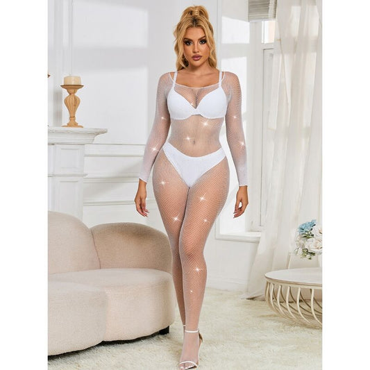 BODYSTOCKING DE REDE COM DIAMANTES MANGA COMPRIDA BRANCO TAMANHO ÚNICO