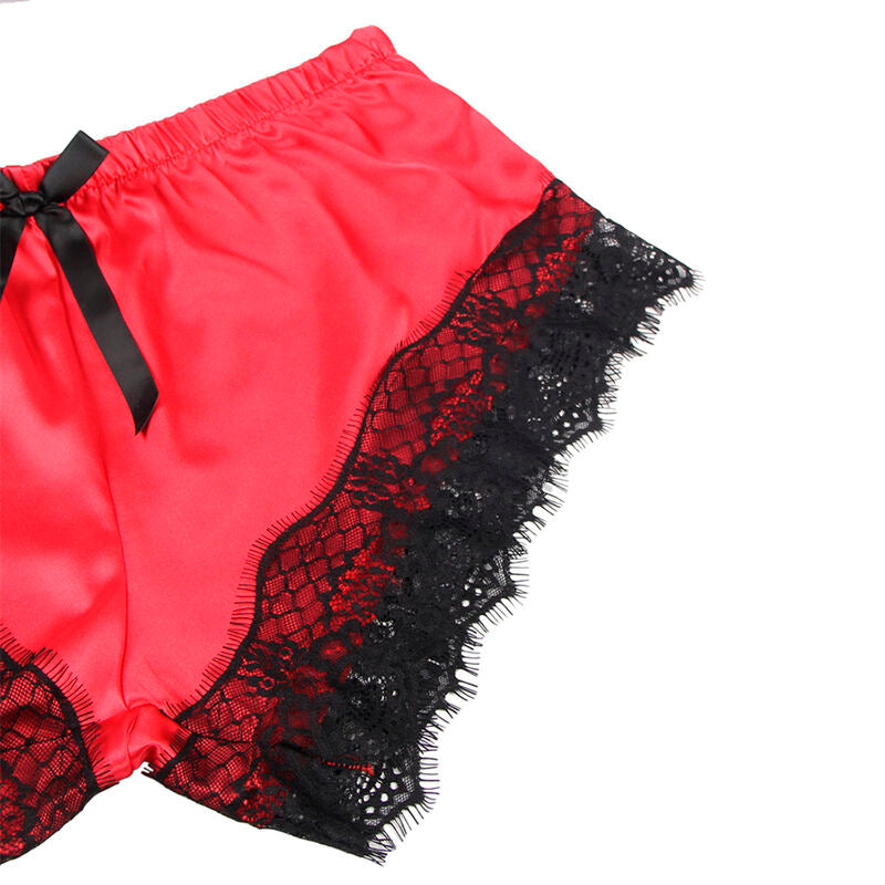 CAMISOLA DE SEDA CASUAL + CALÇA DE RENDA PRETA/VERMELHA