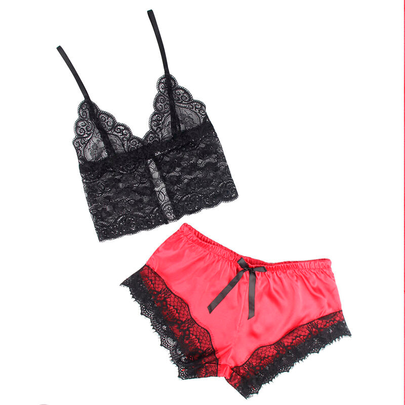 CAMISOLA DE SEDA CASUAL + CALÇA DE RENDA PRETA/VERMELHA