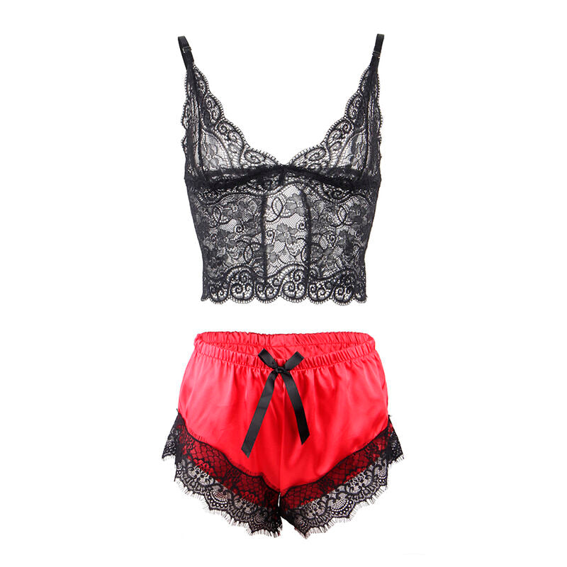 CAMISOLA DE SEDA CASUAL + CALÇA DE RENDA PRETA/VERMELHA