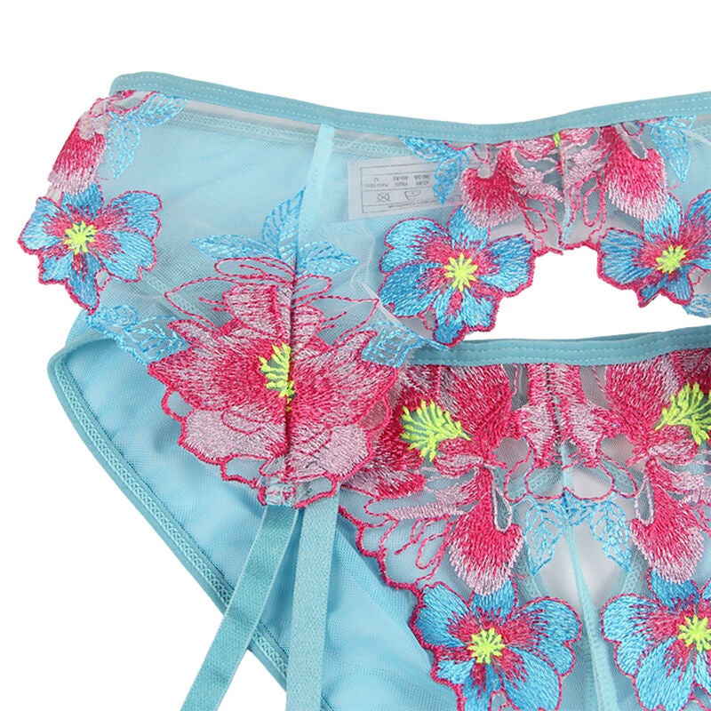 SUTIÃ + CALCINHA COM CINTO-LIGA DESIGN FLORAL AZUL