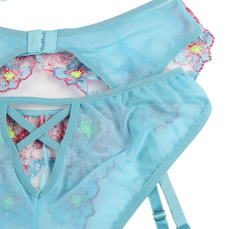 SUTIÃ + CALCINHA COM CINTO-LIGA DESIGN FLORAL AZUL