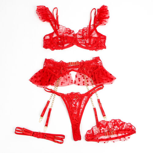 CONJUNTO DE SUTIÃ E LIGA DE RENDA VERMELHO