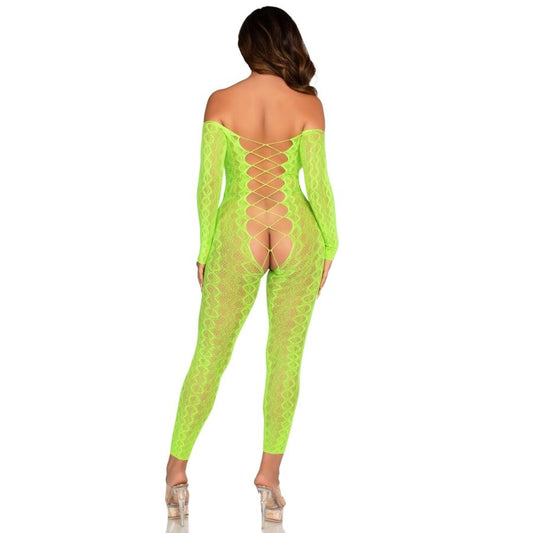 BODYSTOCKING SEM BASE EXÓTICO RENDA DE COBRA VERDE NEON
