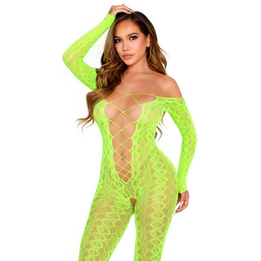 BODYSTOCKING SEM BASE EXÓTICO RENDA DE COBRA VERDE NEON