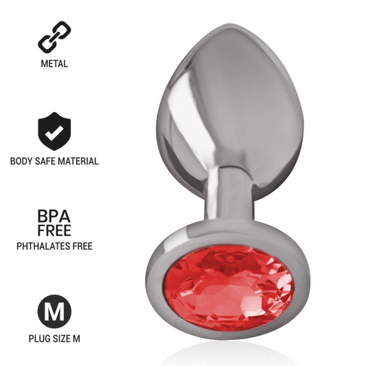 PLUGUE ANAL DE METAL COM VIDRO VERMELHO TAMANHO M