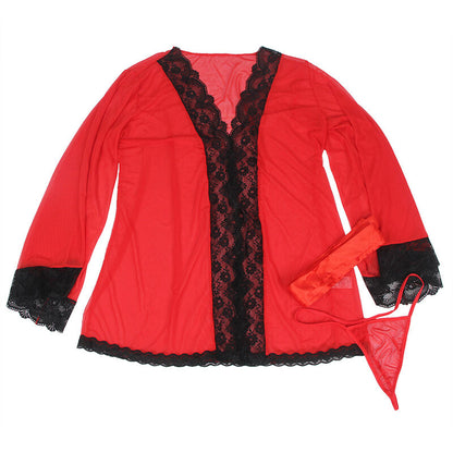 ROBE EM TECIDO TRANSPARENTE COM DETALHE DE RENDA VERMELHO