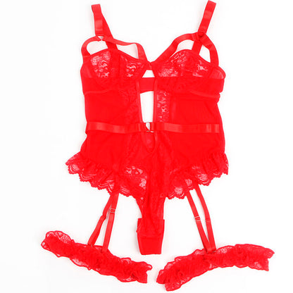 TEDDY COM LIGA COM DETALHE RENDA E TIRAS PRETO/VERMELHO