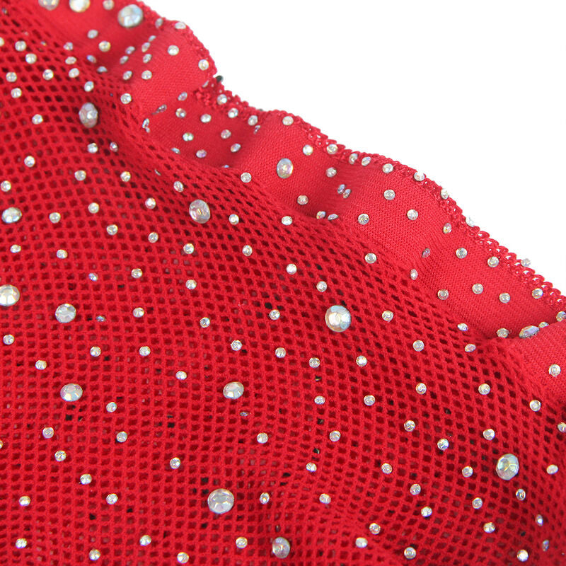 BODYSTOCKING DE REDE COM LUVAS E DIAMANTES VERMELHO TAMANHO ÚNICO