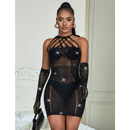 VESTIDO DE REDE COM STRAS PRETO TAMANHO ÚNICO