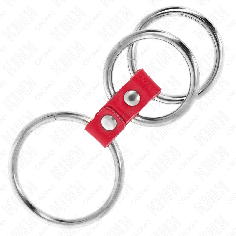 ANEL DE PÊNIS TRIPLO DE METAL DE 3,7 CM A 5 CM CONECTADO COM COURO VERMELHO