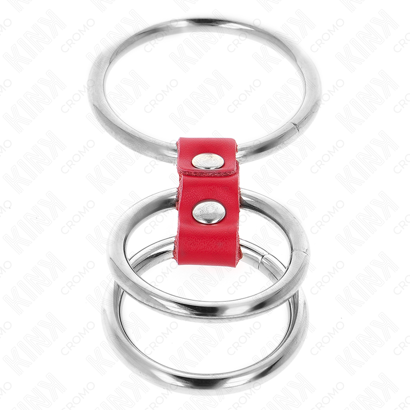 ANEL DE PÊNIS TRIPLO DE METAL DE 3,7 CM A 5 CM CONECTADO COM COURO VERMELHO
