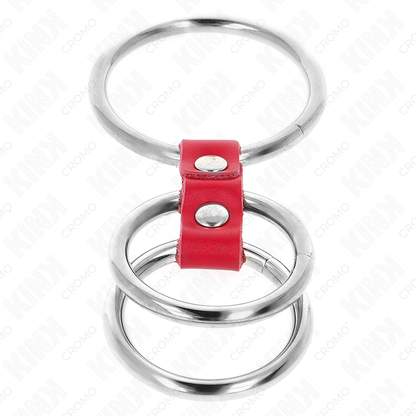 ANEL DE PÊNIS TRIPLO DE METAL DE 3,7 CM A 5 CM CONECTADO COM COURO VERMELHO