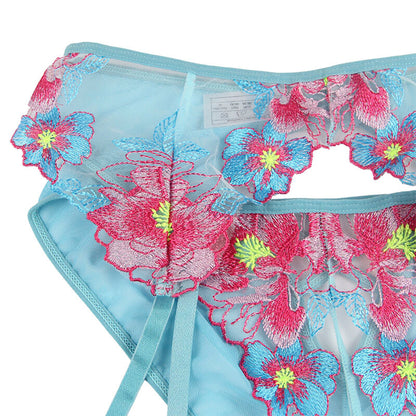 SUTIÃ + CALCINHA COM CINTO-LIGA DESIGN FLORAL AZUL