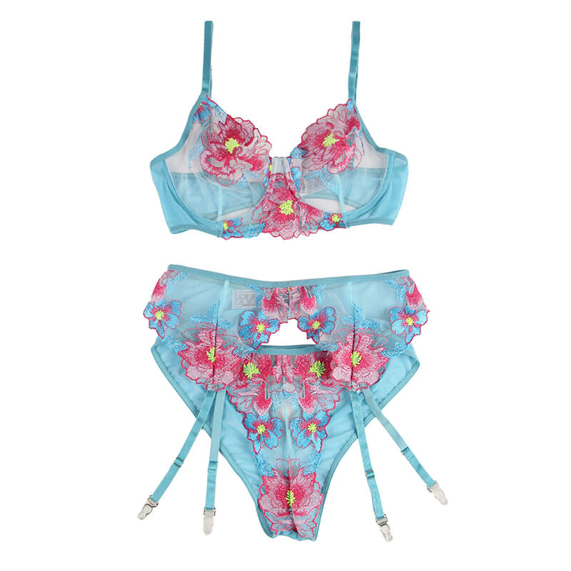 SUTIÃ + CALCINHA COM CINTO-LIGA DESIGN FLORAL AZUL