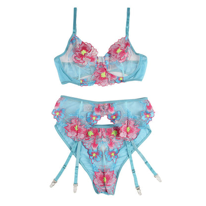 SUTIÃ + CALCINHA COM CINTO-LIGA DESIGN FLORAL AZUL