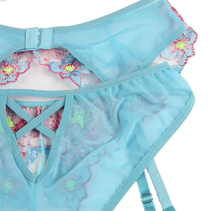 SUTIÃ + CALCINHA COM CINTO-LIGA DESIGN FLORAL AZUL