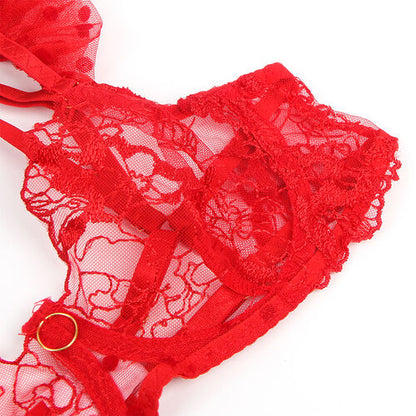 CONJUNTO DE SUTIÃ E LIGA DE RENDA VERMELHO