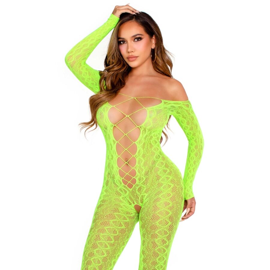 BODYSTOCKING SEM BASE EXÓTICO RENDA DE COBRA VERDE NEON